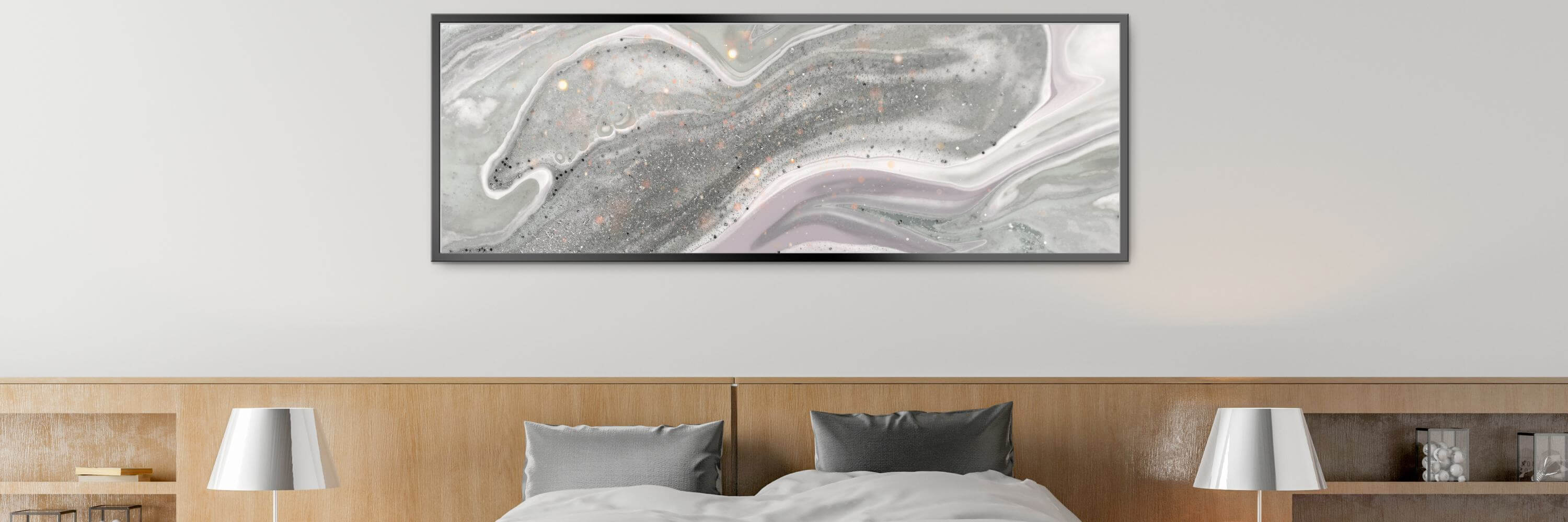 Silver shimmery wall art above the bed