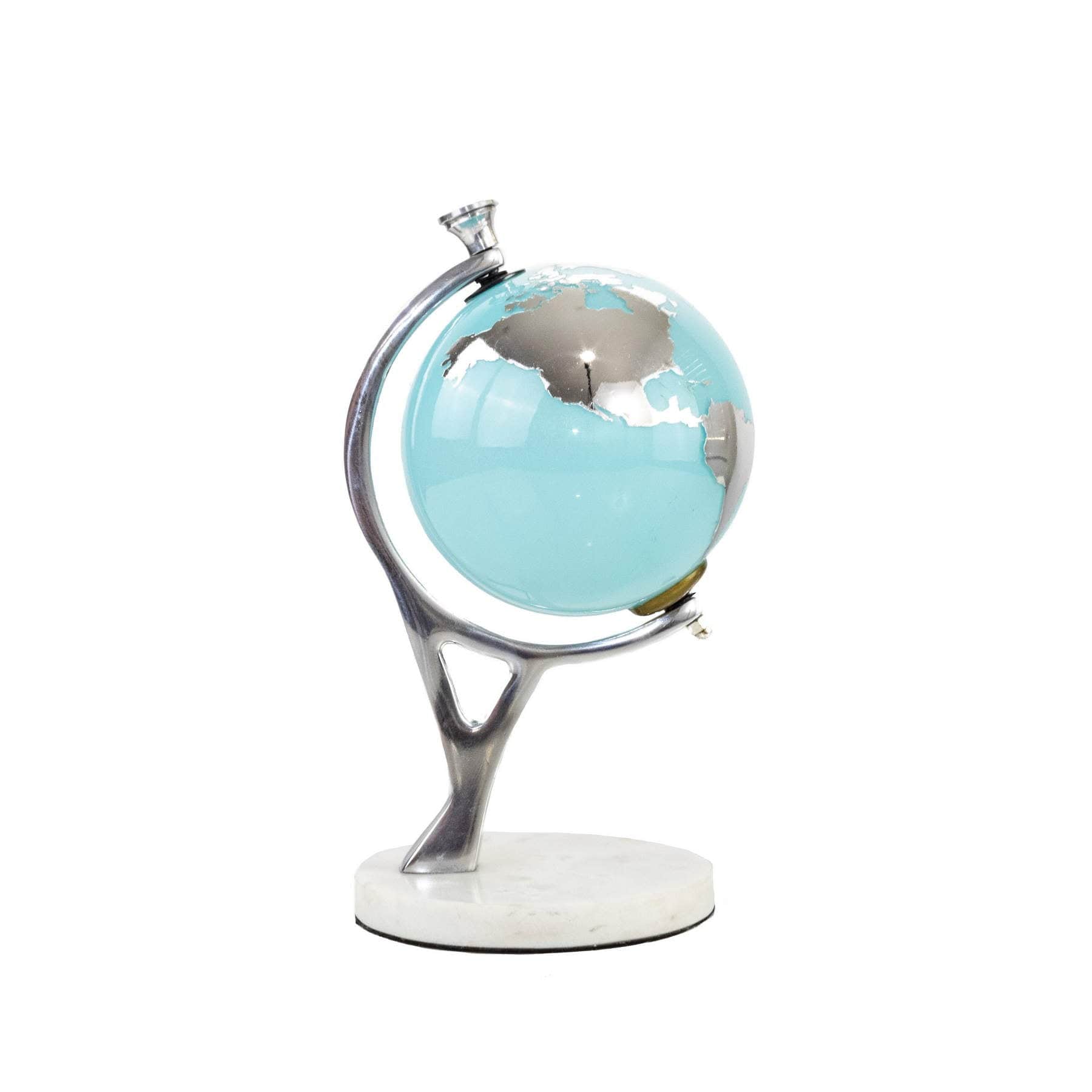 Arctic Blue Glass Globe on a White Marble Stand Elevate Home Decor - Sculptures & Statues