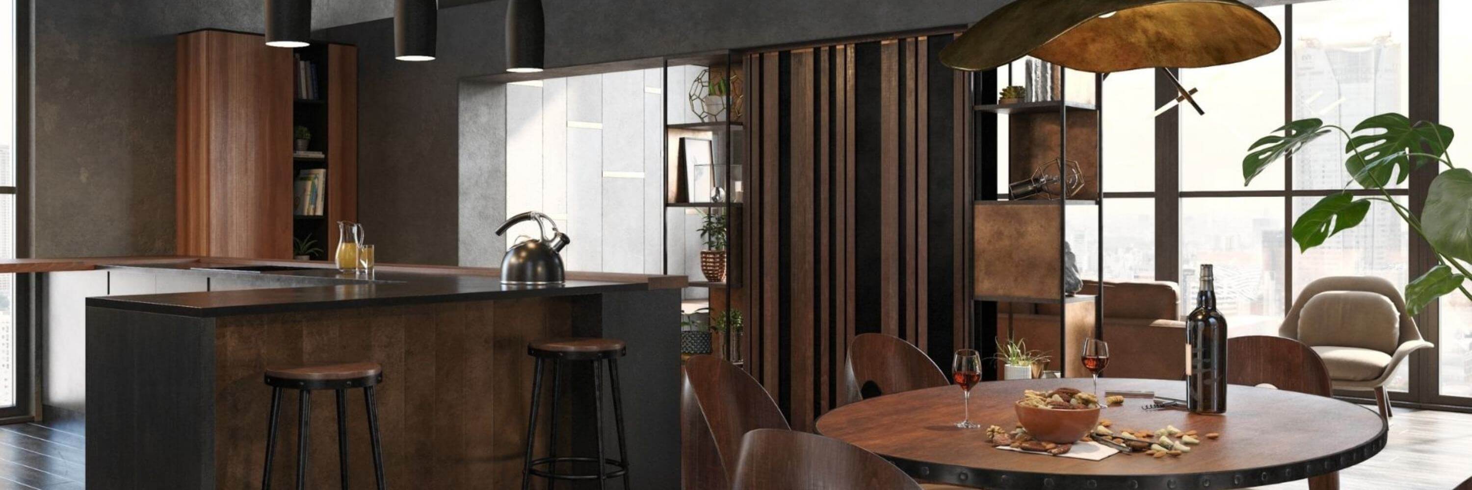 Industrial-style kitchen and dining room 
