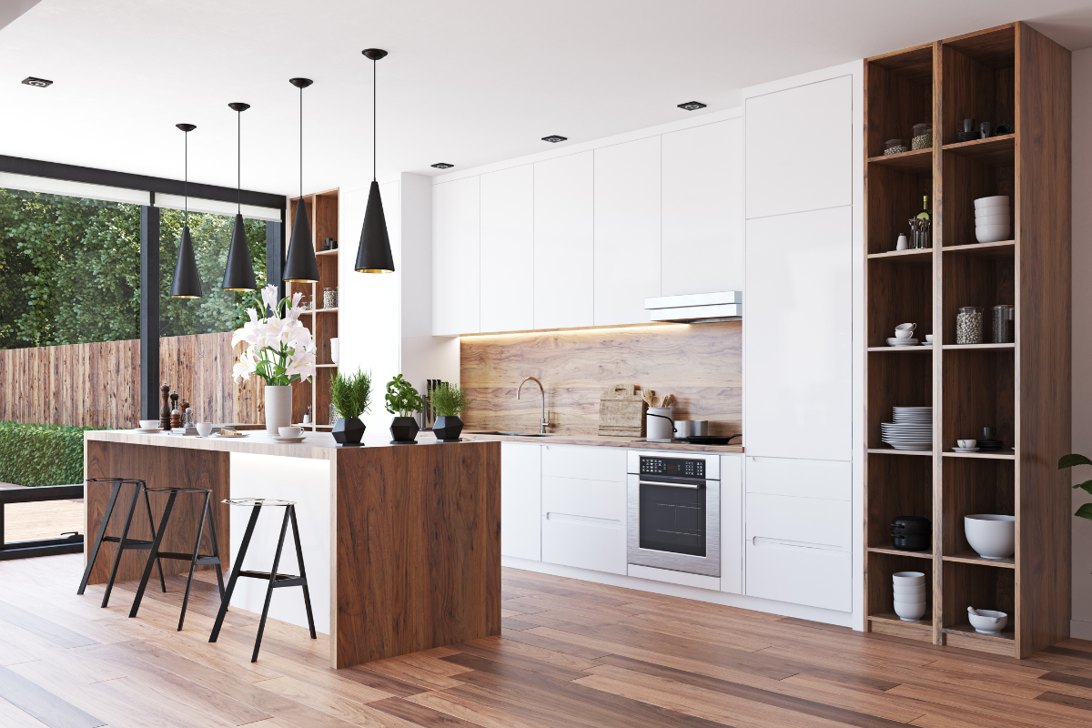 Kitchen in brown and white color with black accents