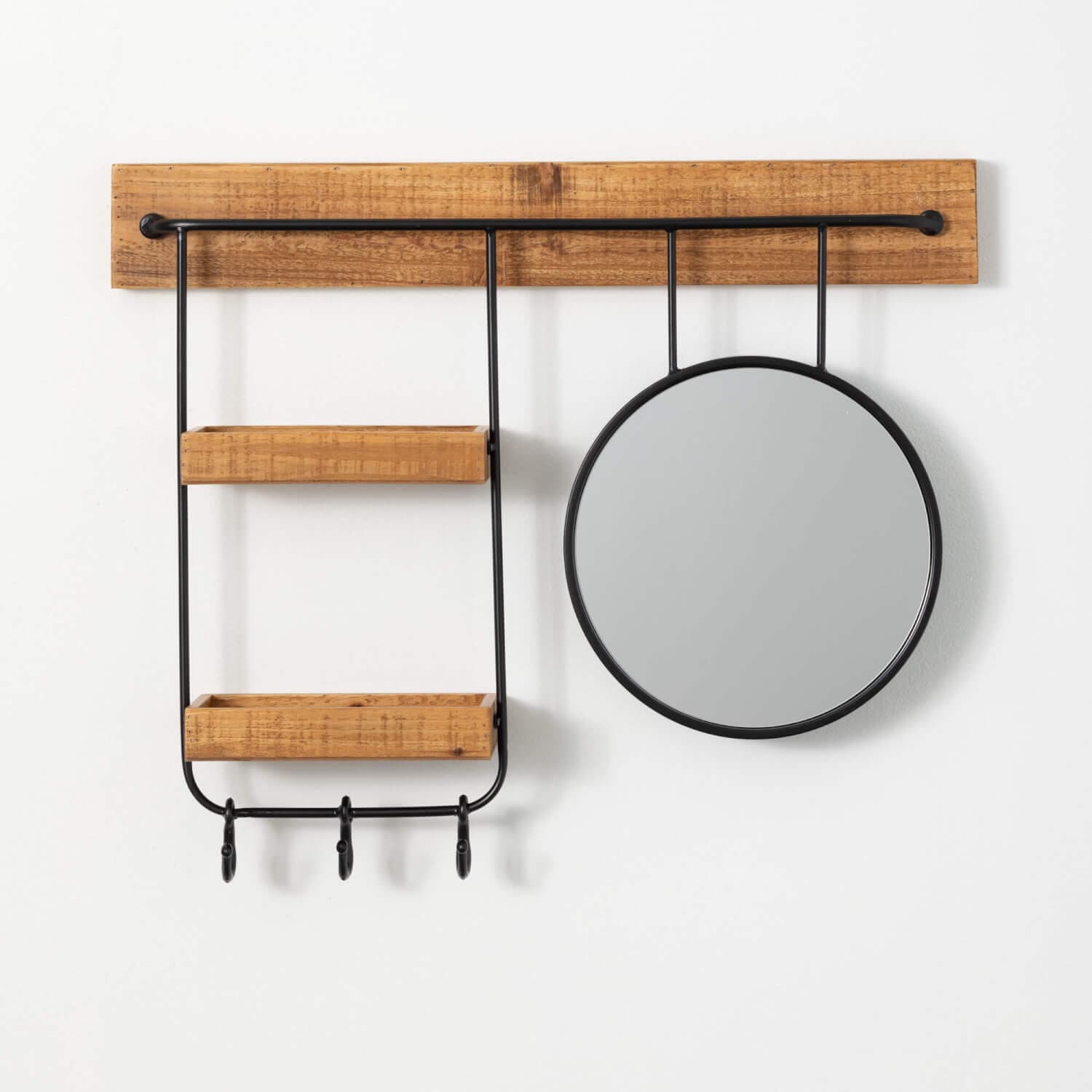 Round Mirror Wooden Wall Shelf Elevate Home Decor - Mirrors
