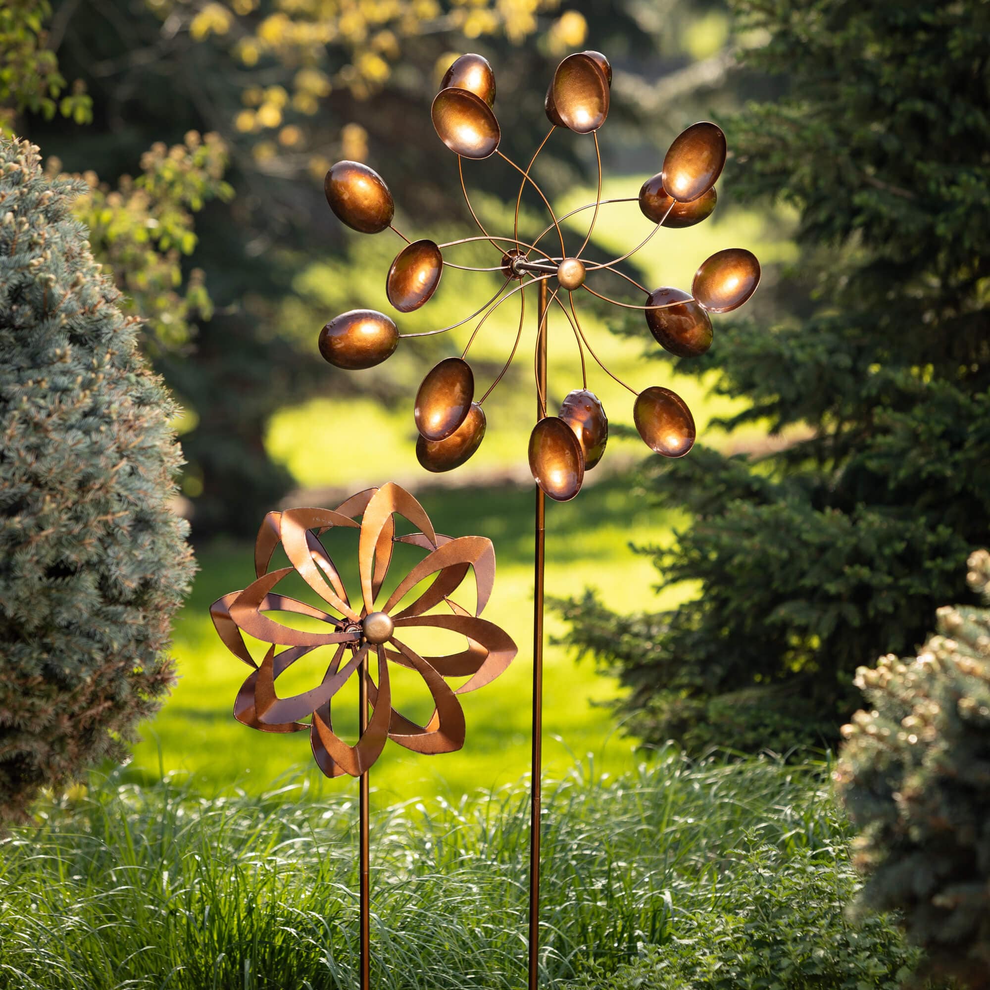 Spinning Circular Copper Kinetic Sculpture Stake Elevate Home Decor - Outdoors