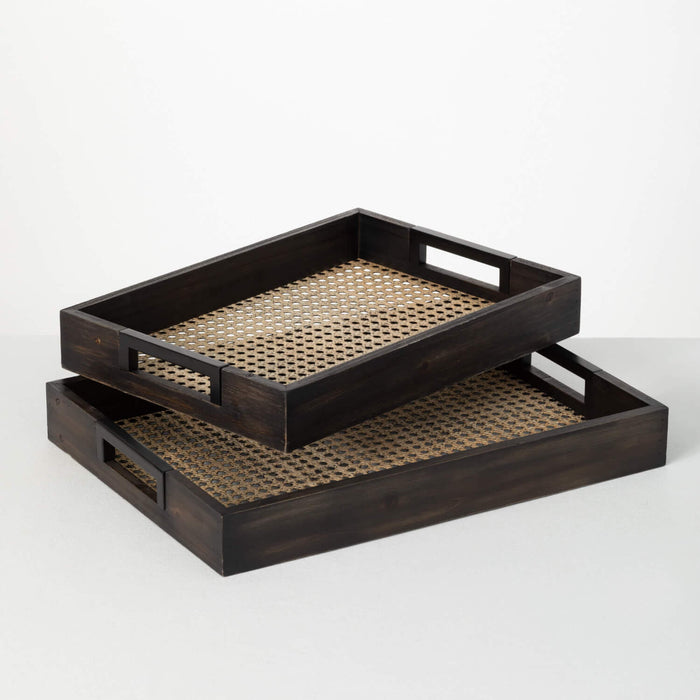 Wooden Serving Trays With Cane Webbing 