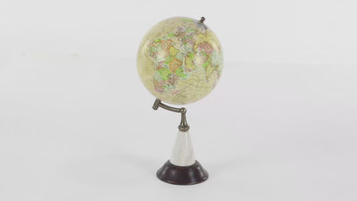 Yellow globe with dark wooden and white marble stand. Globe is spinning in 360 degrees and the background is all white