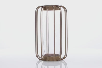 The tall, transparent cylindrical glass vase is in a gold metallic bar cage with a rounded corner cylinder silhouette. Vase is spinning in 360 degrees. The background is all white