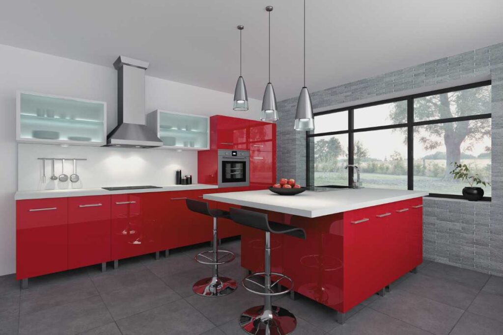 Red kitchen with big island