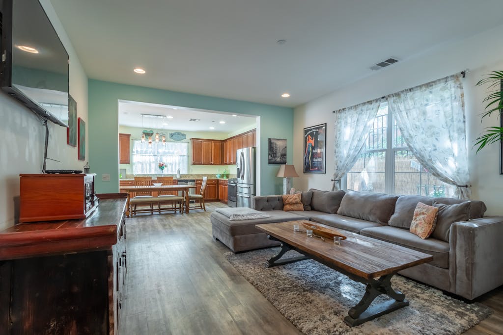 Interior of stylish living room and kitchen on daytime