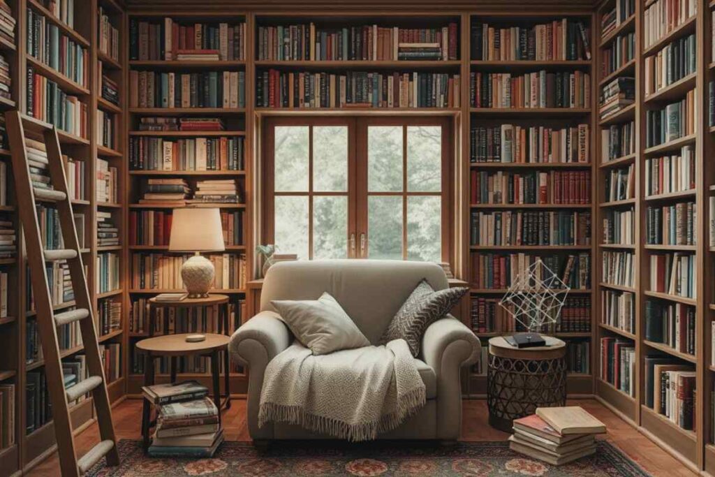 Floor-to-ceiling bookshelves  reading nooks