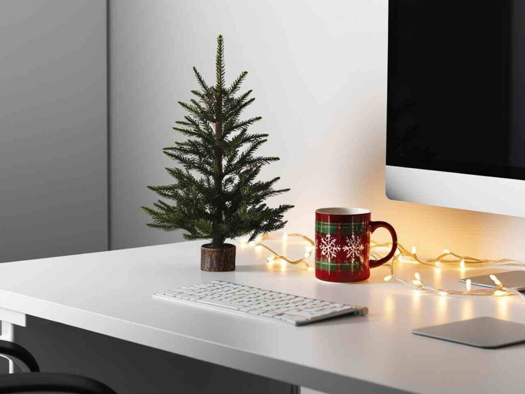 christmas office decor with christmas mug