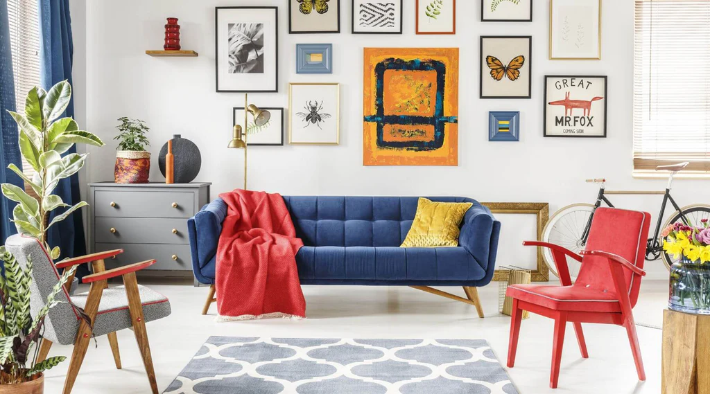 Colorful living room in mostly red and blue