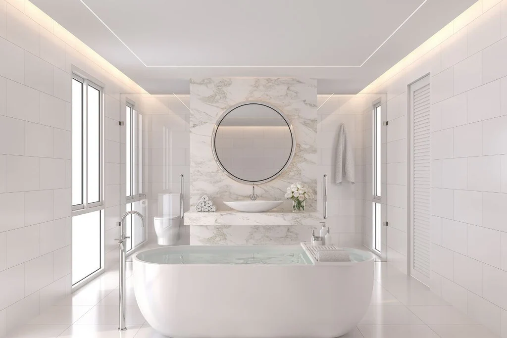 Neutral contemporary bathroom with marble tiles