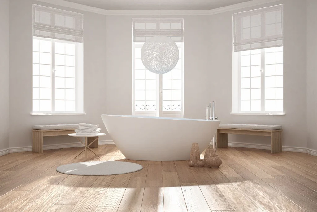 Beautiful minimal bathroom with freestanding tub
