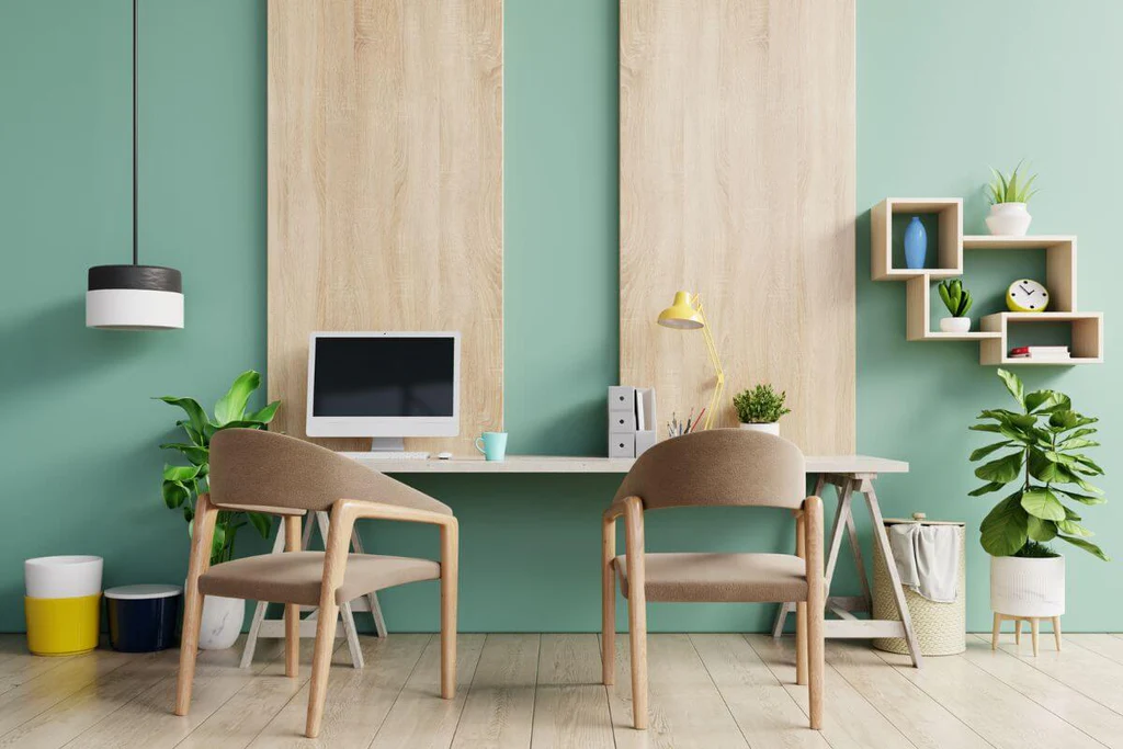 Pastel office in mint green color and wooden wall details