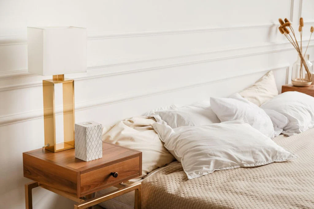 Modern lamp on the wooden bedside table