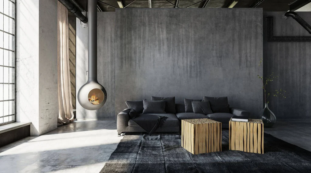 Industrial Living Room with Gray Walls