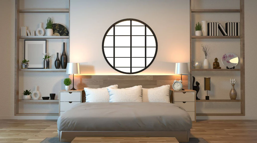 Bedroom with Circular Mirror