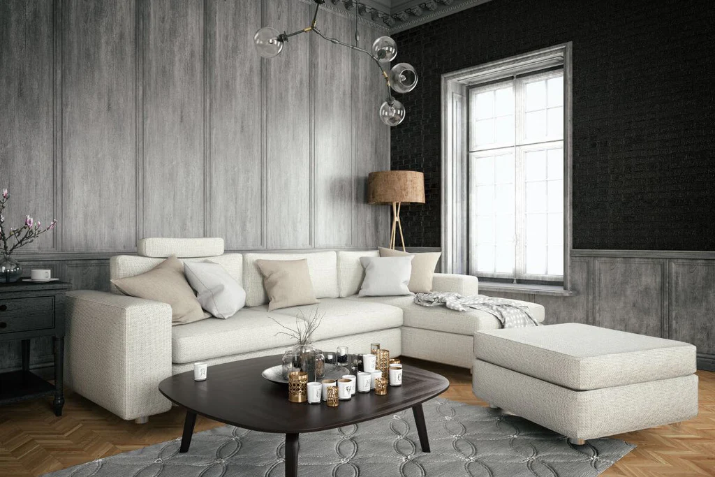 Grey accent wall above white sofa