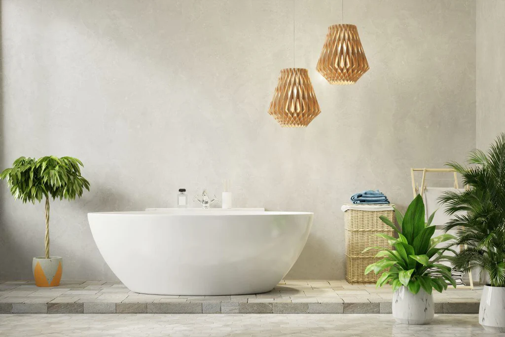 Woven wall sconces hanging above the bathtub