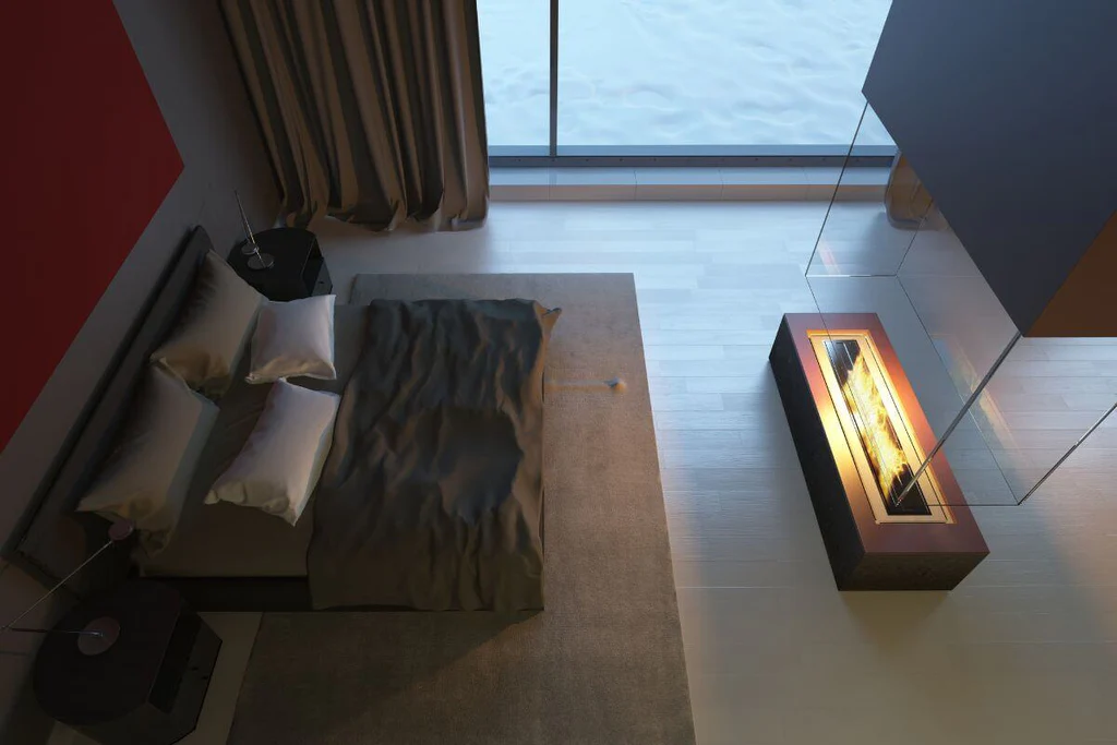 Modern fireplace in a luxury bedroom 