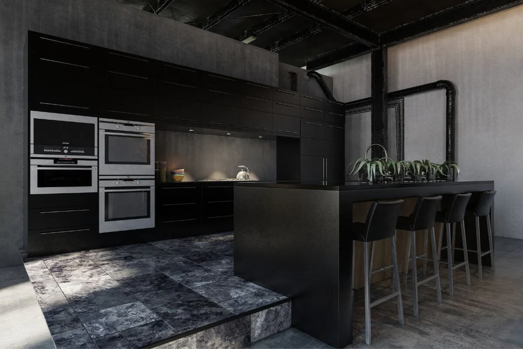 Gray kitchen with black cabinets