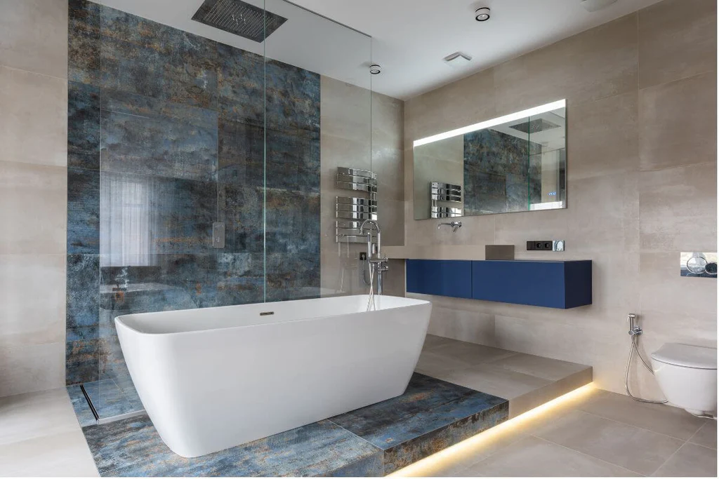 Stylish bathroom tiles in blue color