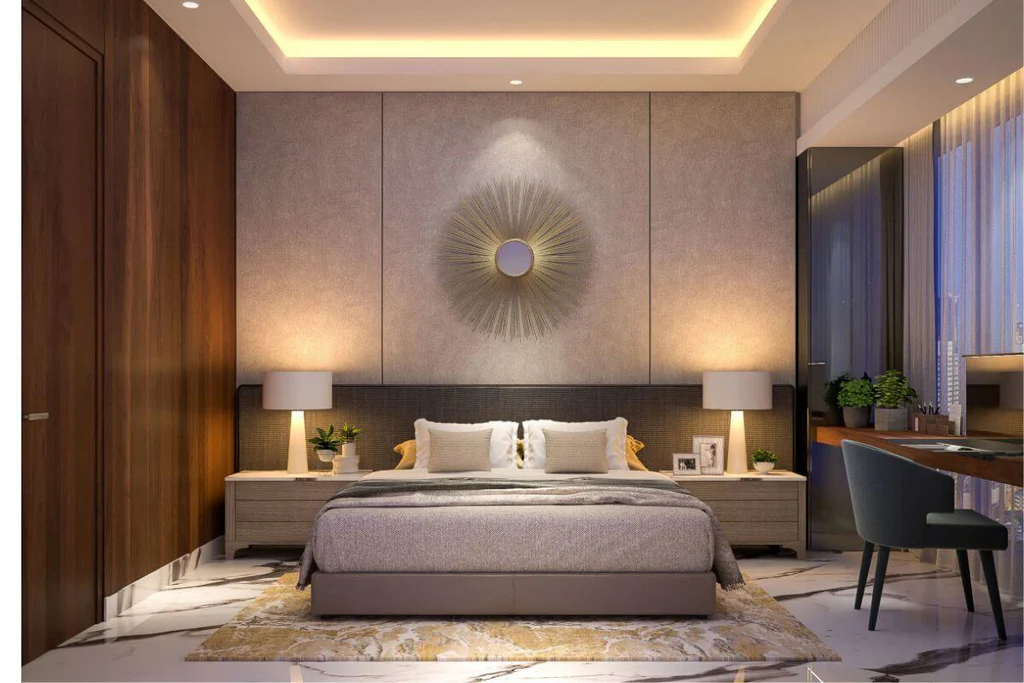 Bronze details in a large luxury bedroom