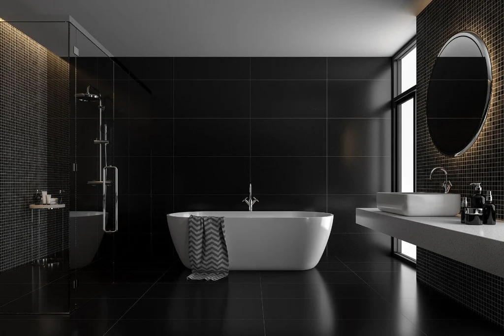 Drak gray bathroom with white bathtub
