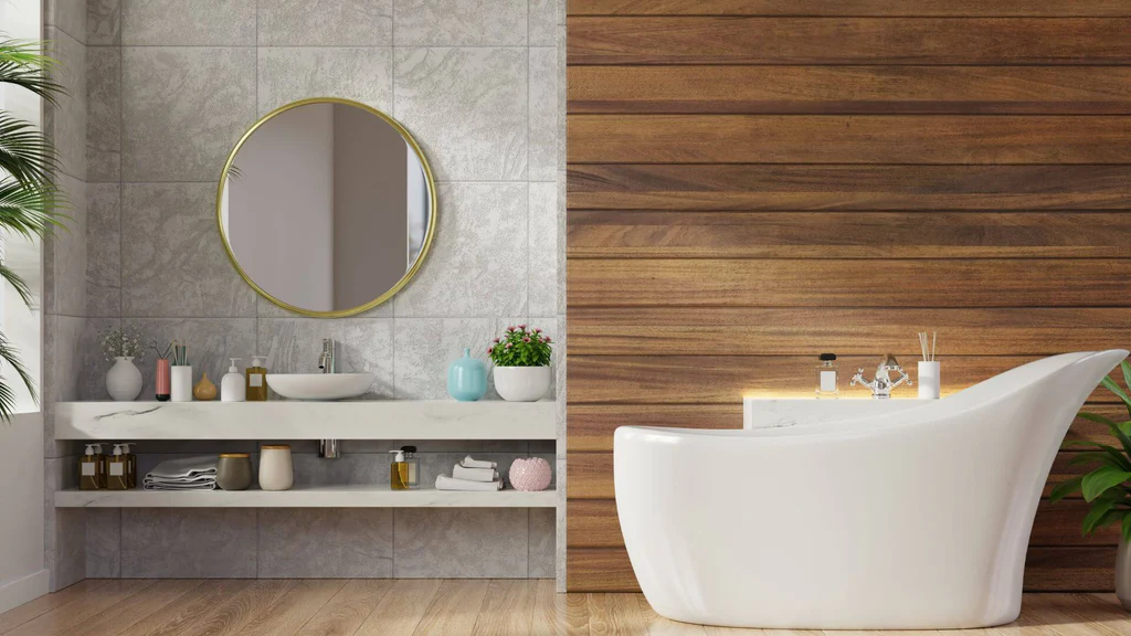 Fall Bathroom Decor with freestanding bathtub