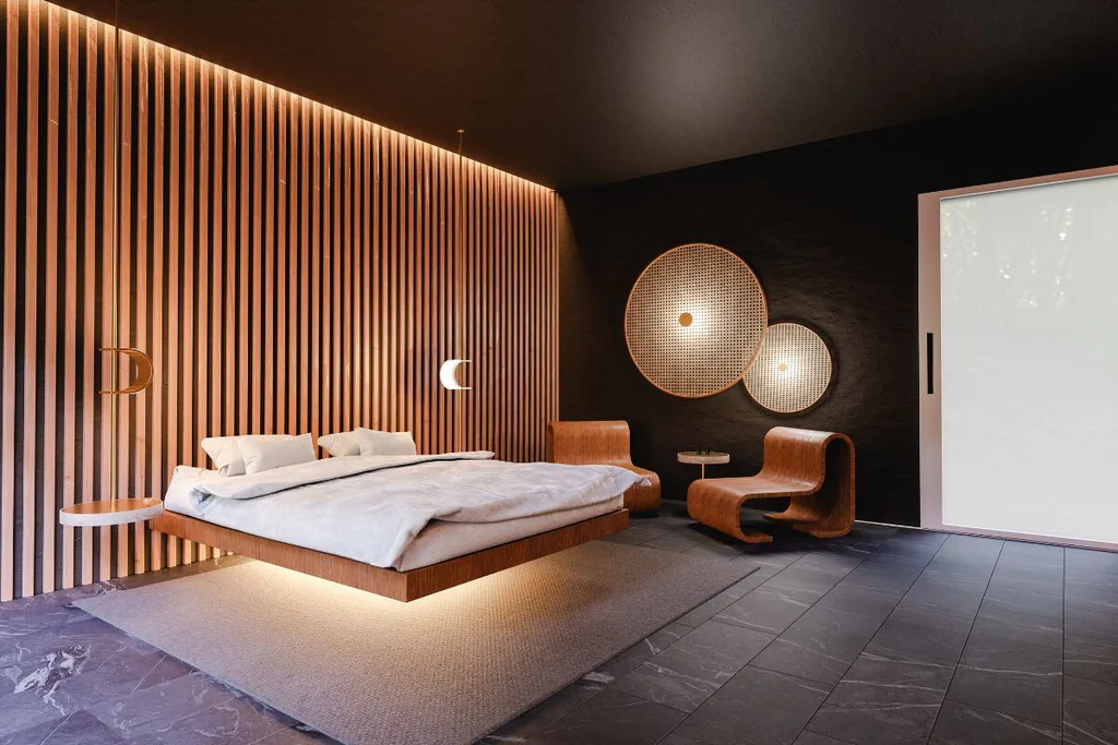 Floating bed in modern luxury bedroom
