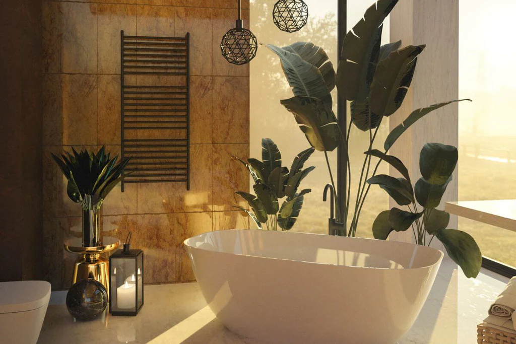 Large floor plants behind the bathtub