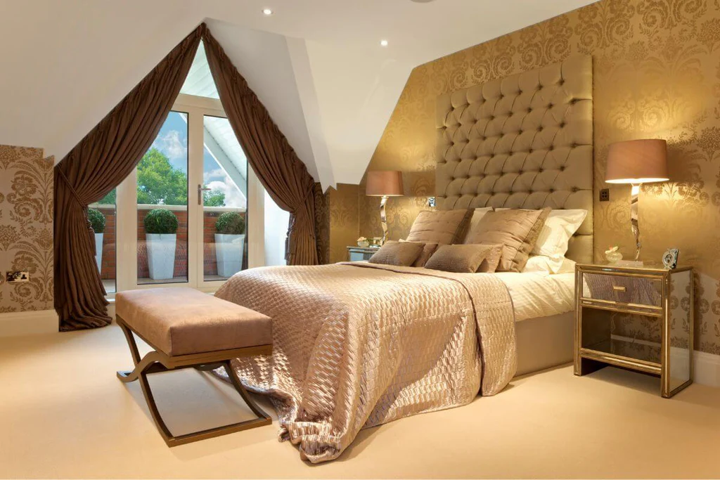 Regal and royal-inspired luxury bedroom with gold accents