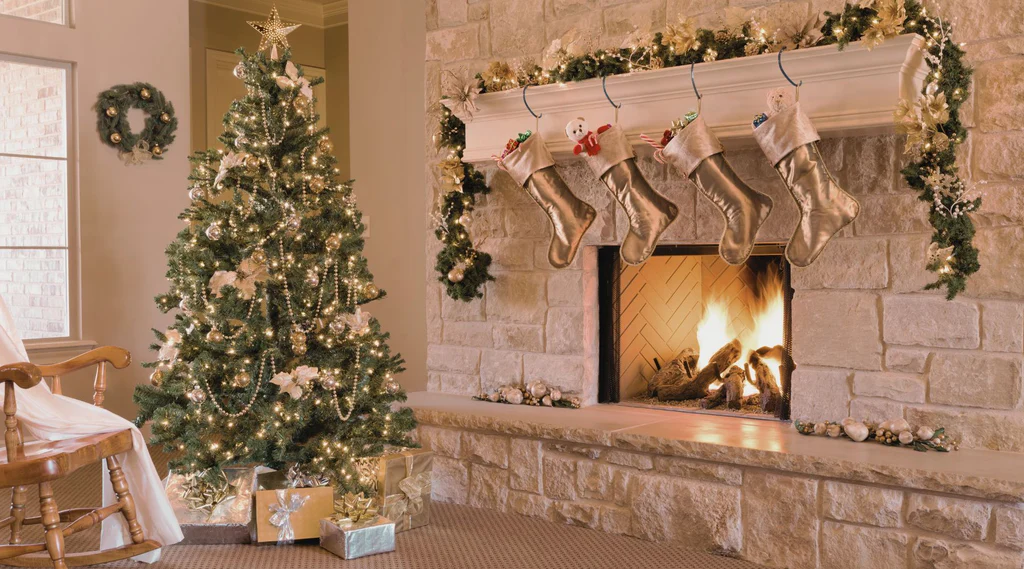 Gold Christmas tree and fireplace