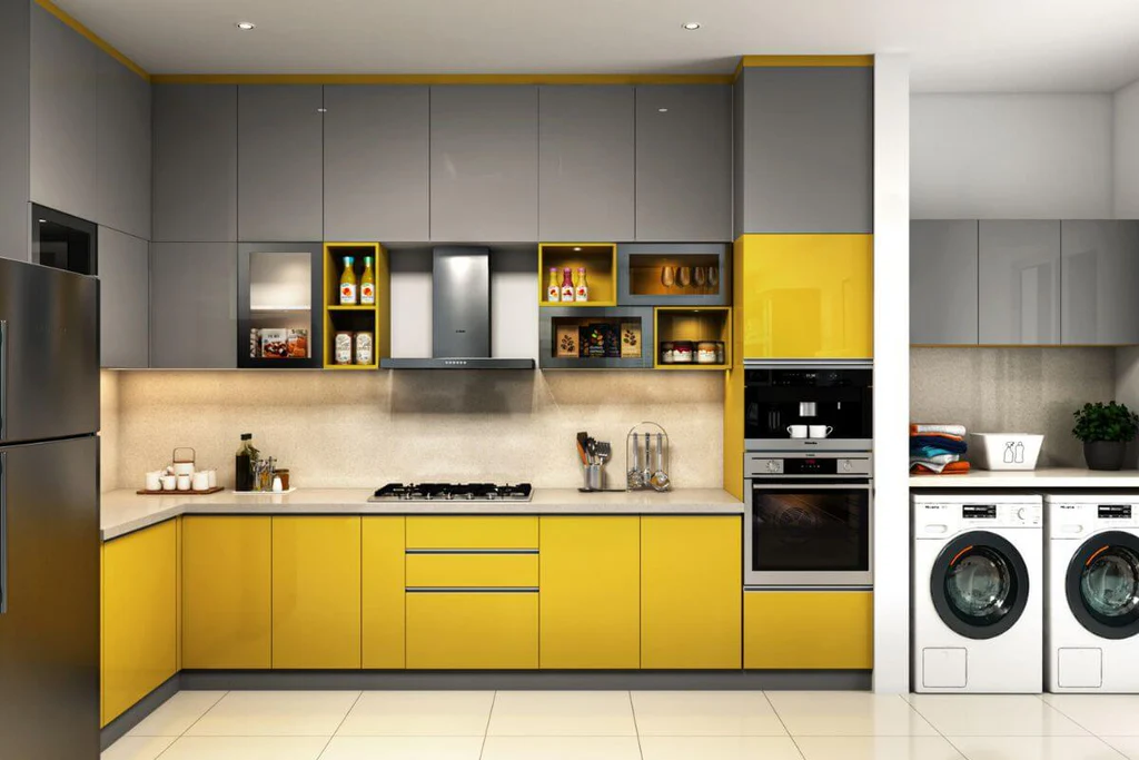 Two-toned kitchen with upper gray cabintes and yellow down cabinets