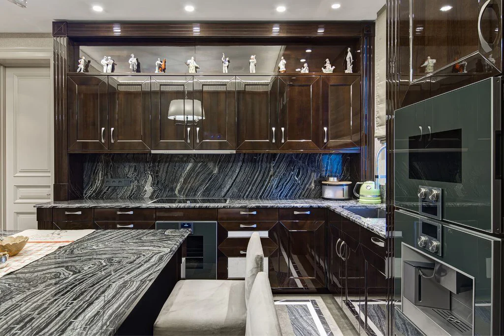 Gray kitchen with dark wooden cabinets