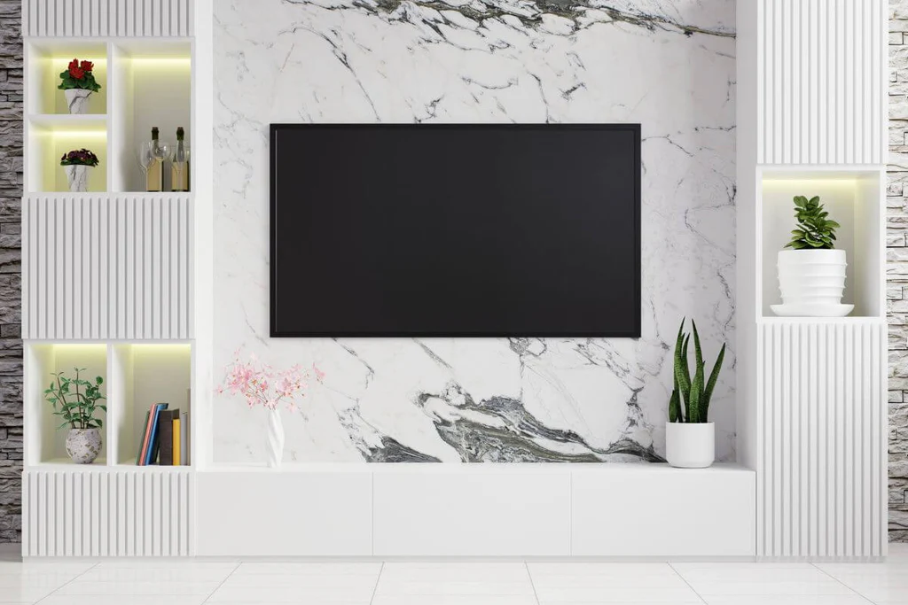Marble wallpaper behind TV stand 