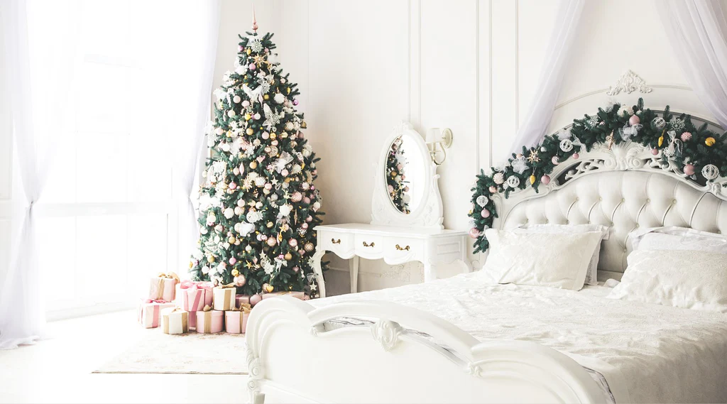 white modern christmas decor for bedroom