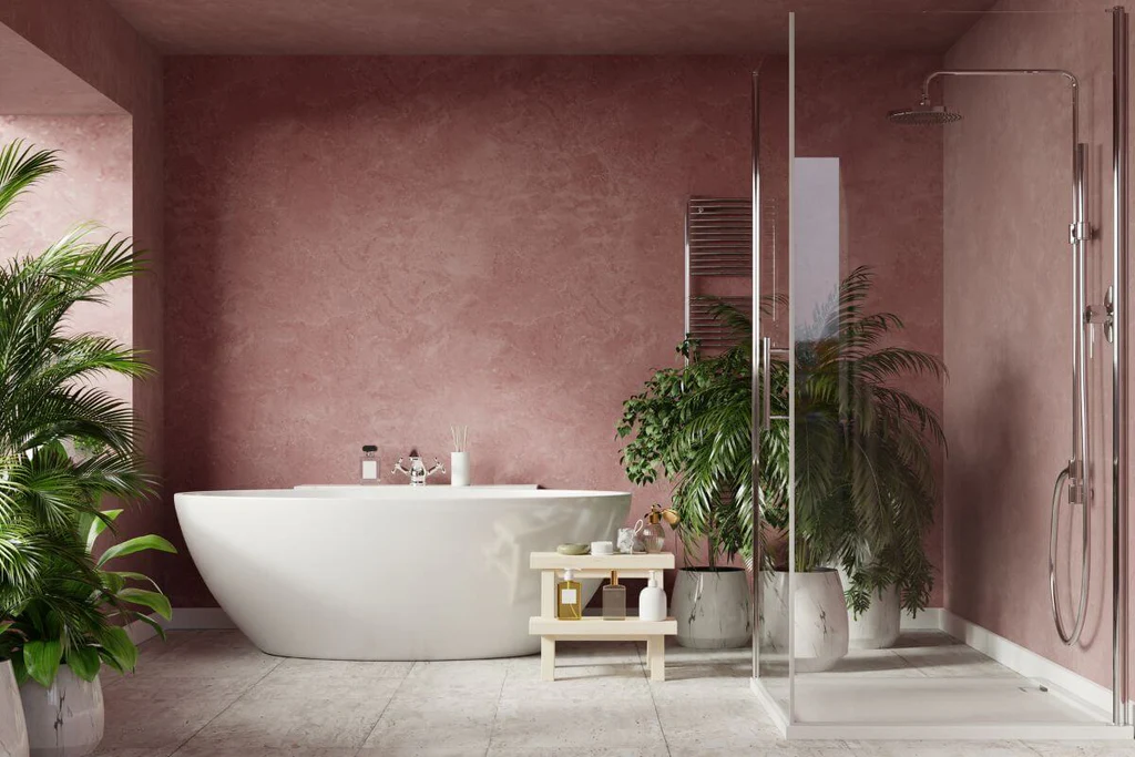Pastel bathroom with pink walls