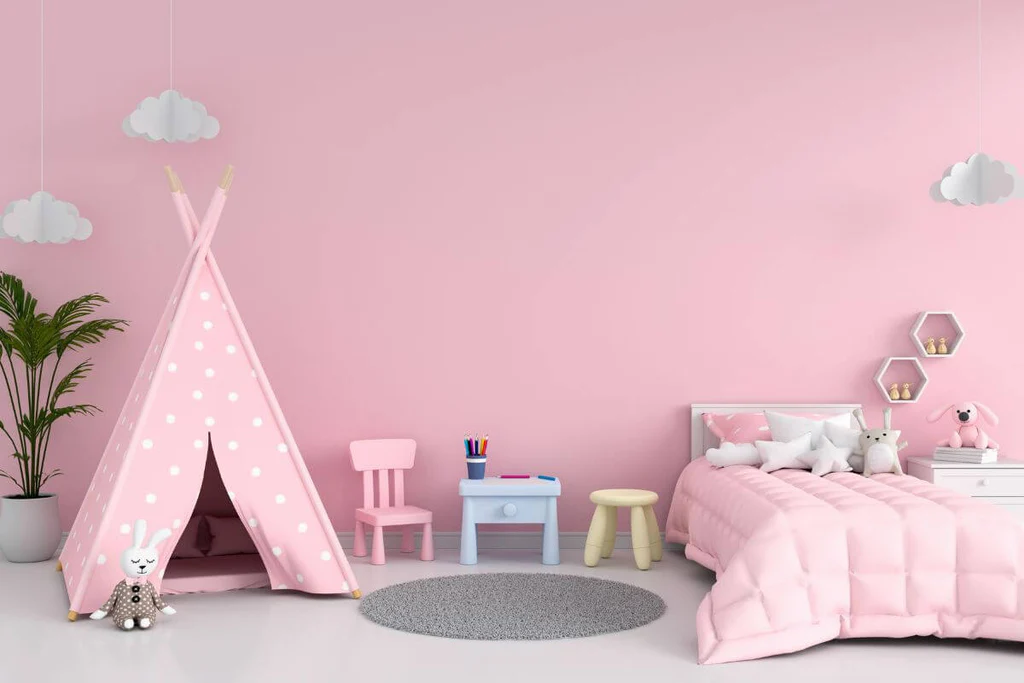 Children's playroom in pastel pink color