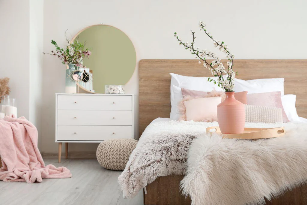 Pastel bedroom with different textiles decoration