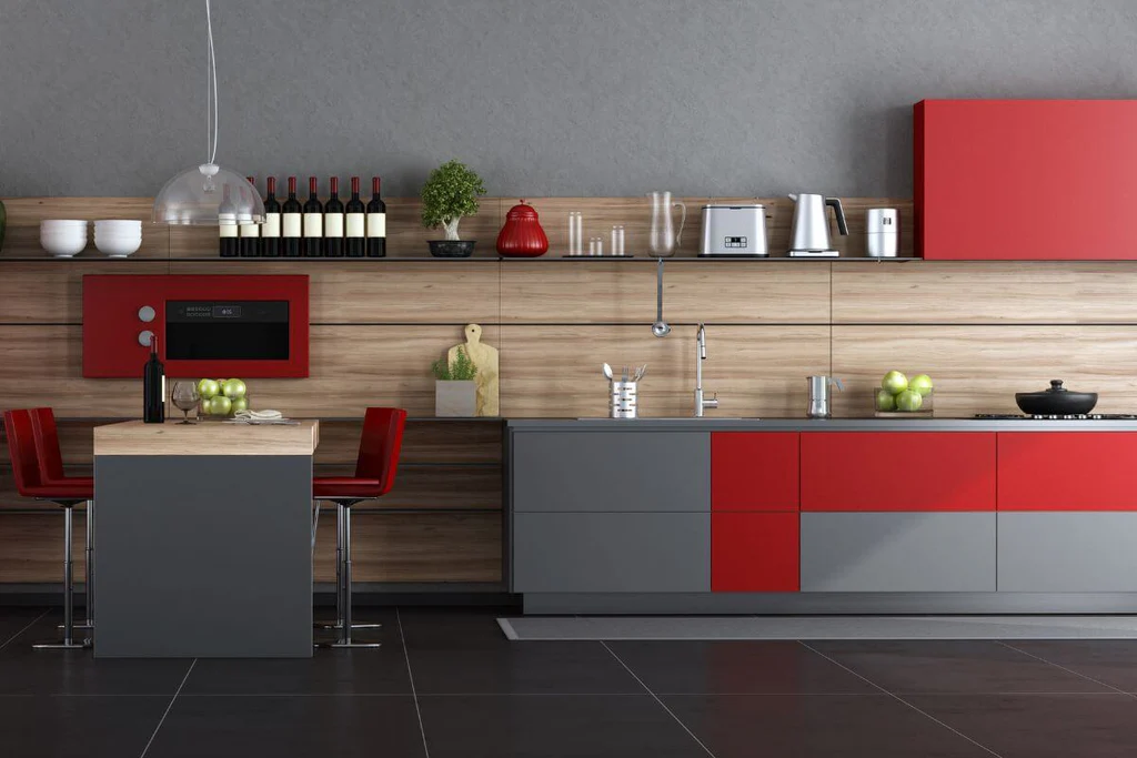Gray kitchen with red cabinets