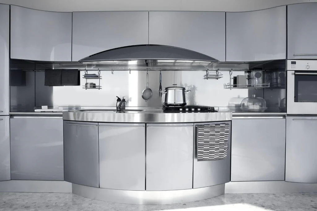 Silver cabintes in gray kitchen