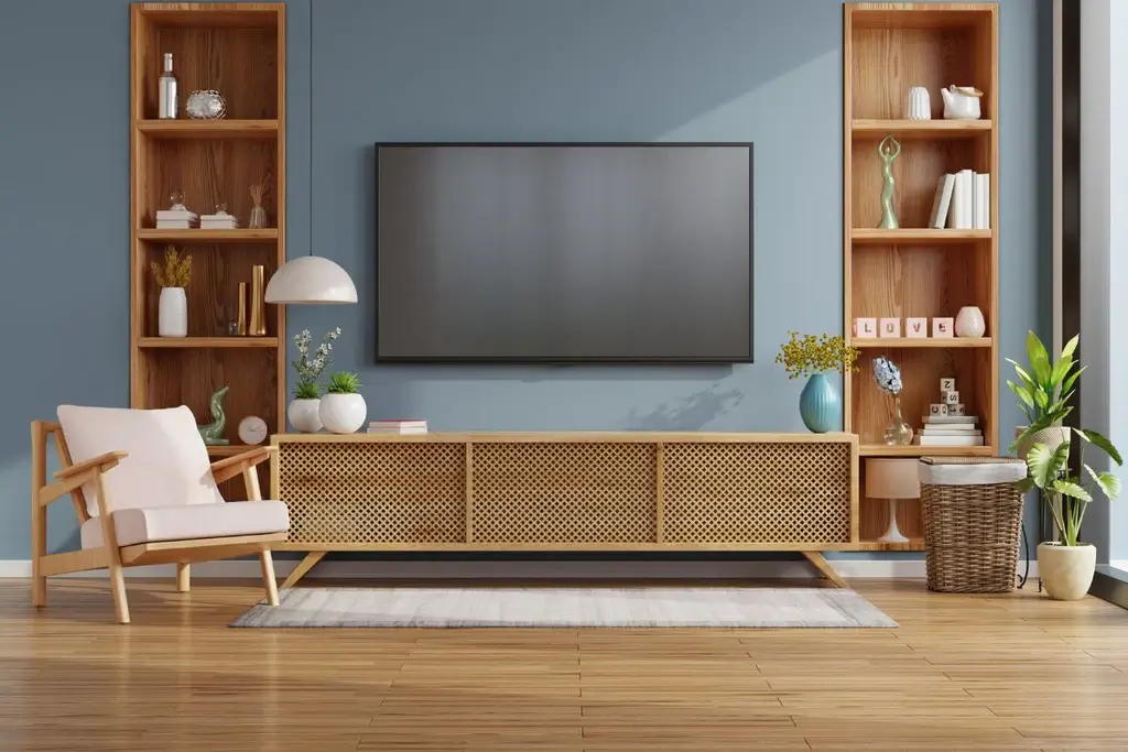 Wooden TV stand decor with figurines