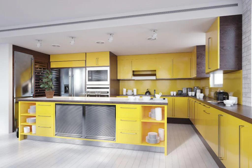 Gray kitchen with yellow accent cabinets