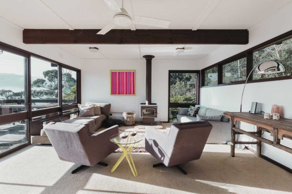 Funky living room with yellow side table